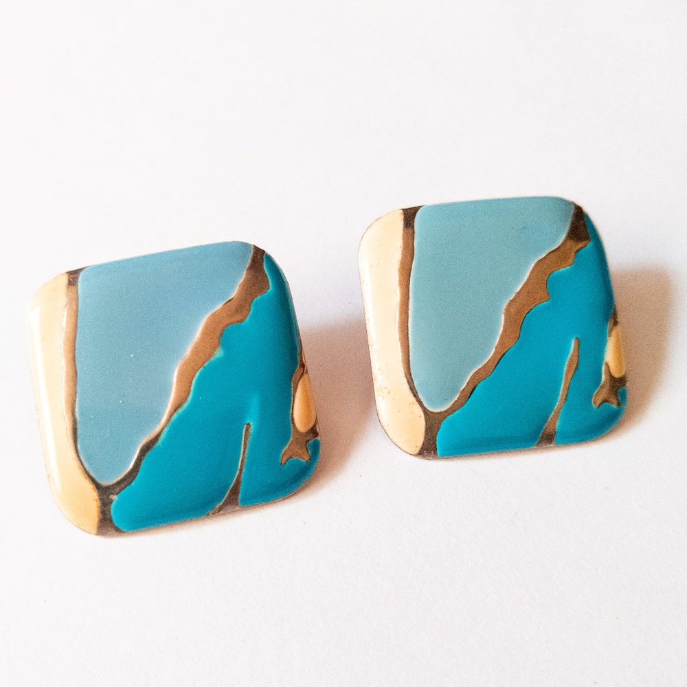 Vintage Enamel 80s City Pop Earrings Barbie Retro Turquoise Blue Square Abstract